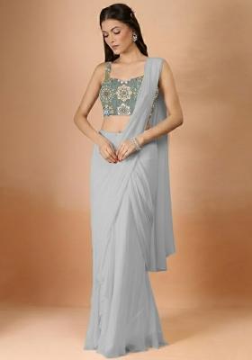 Dusty Grey Embroidered Crepe Pre Draped Saree Set