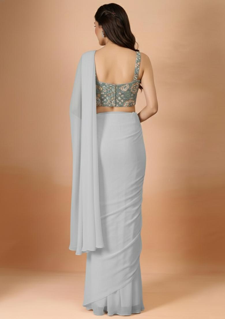 Dusty Grey Embroidered Crepe Pre Draped Saree Set - Indya