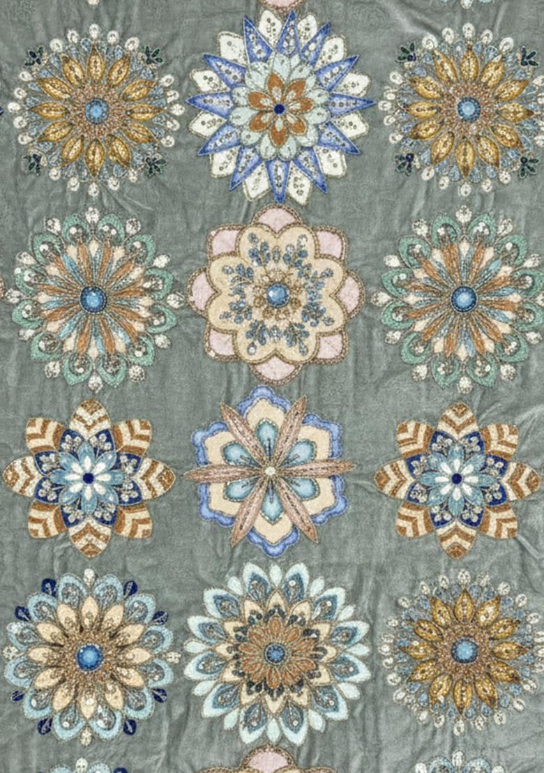 Dusty Grey Embroidered Crepe Pre Draped Saree Set - Indya