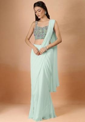 Ice Blue Embroidered Crepe Pre Draped Saree Set
