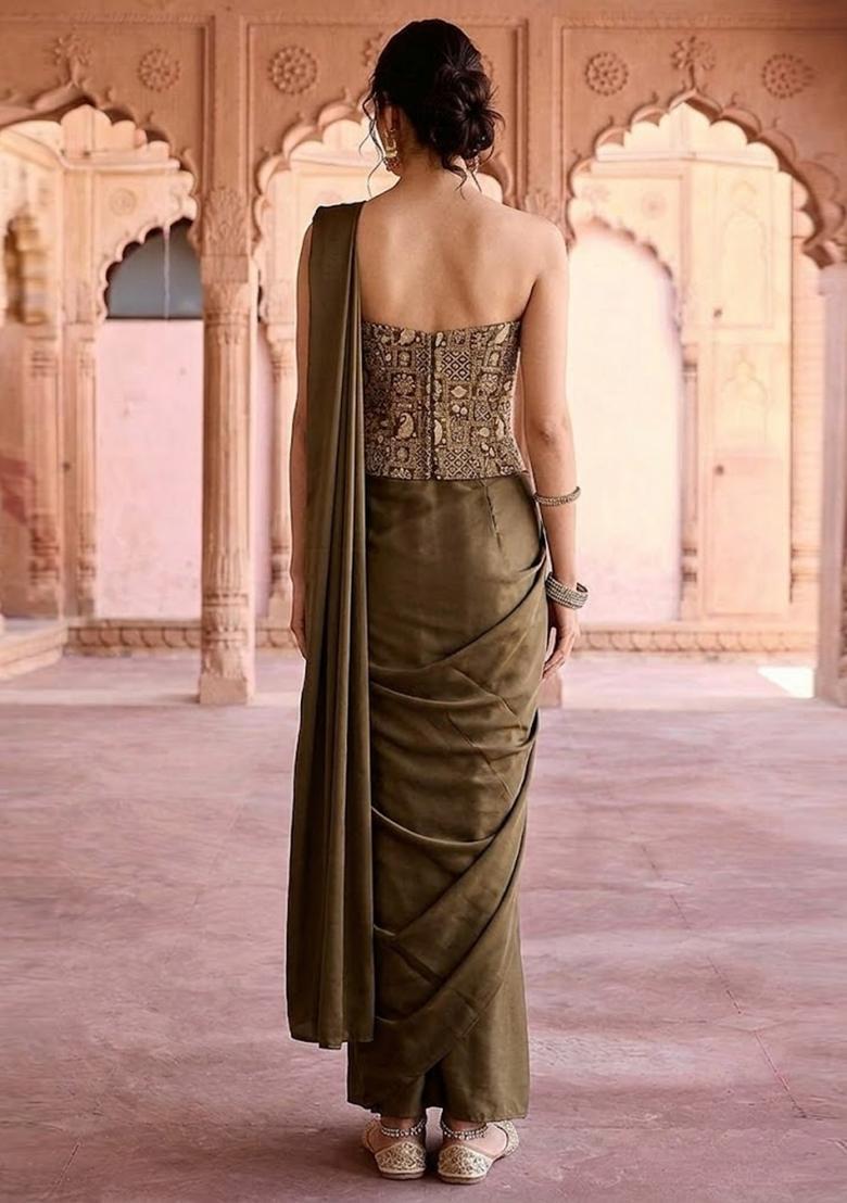 Deep Olive Green Printed Jacquard Saree - Indya