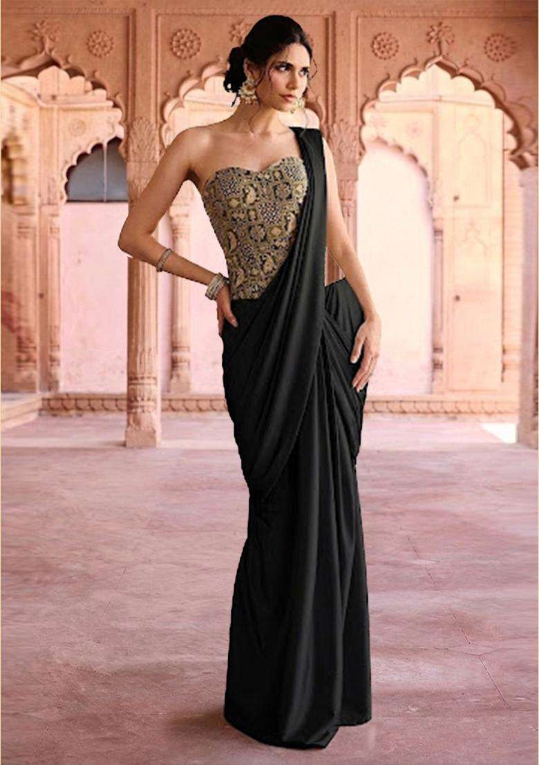 Black Printed Jacquard Saree - Indya