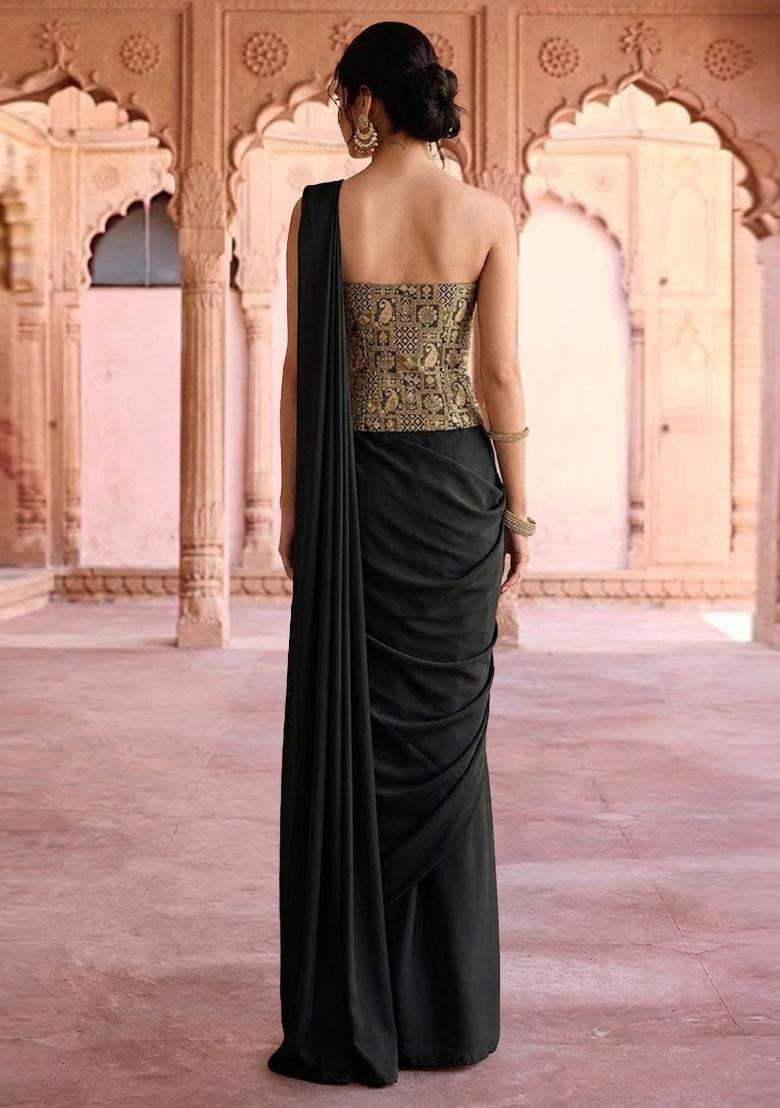 Black Printed Jacquard Saree - Indya