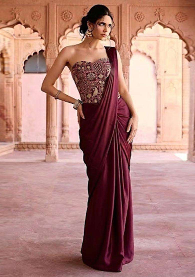 Deep Wine Printed Jacquard Saree - Indya