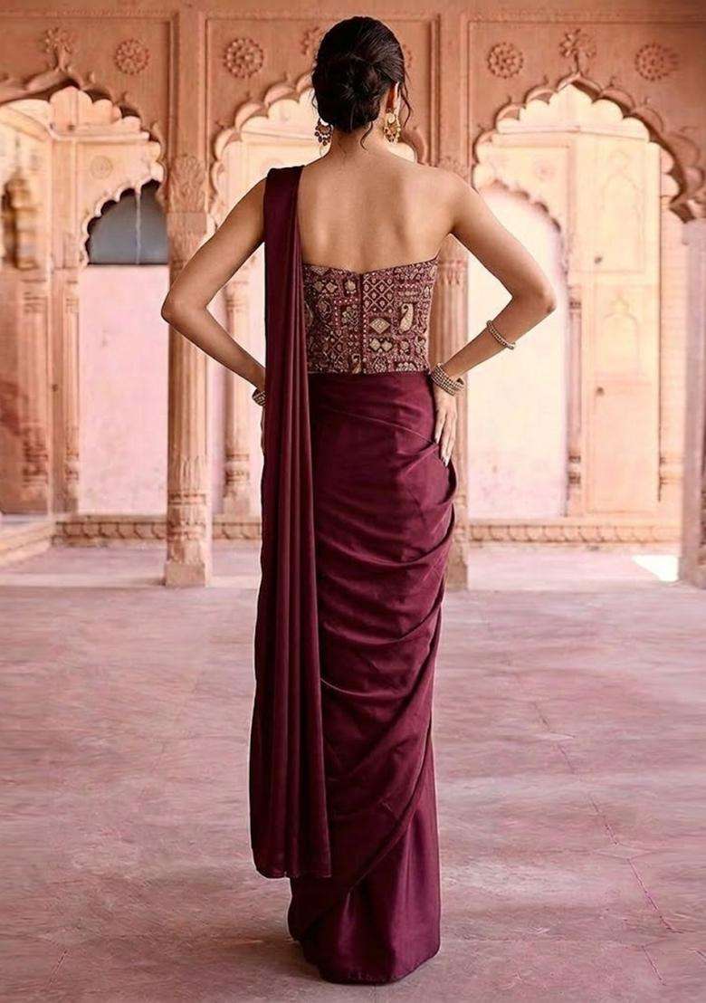 Deep Wine Printed Jacquard Saree - Indya