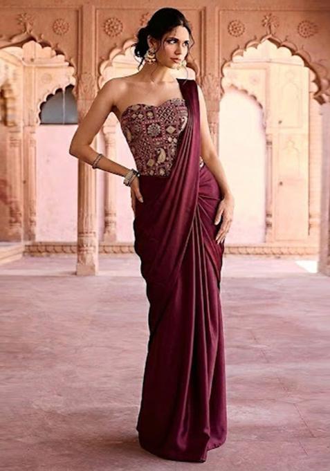 Deep Wine Printed Jacquard Saree