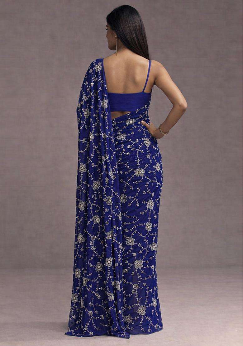 Royal Blue Embroidery Silk Pre-Stitched Set - Indya