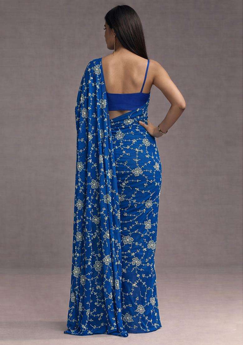 Teal Blue Embroidery Silk Pre-Stitched Set - Indya