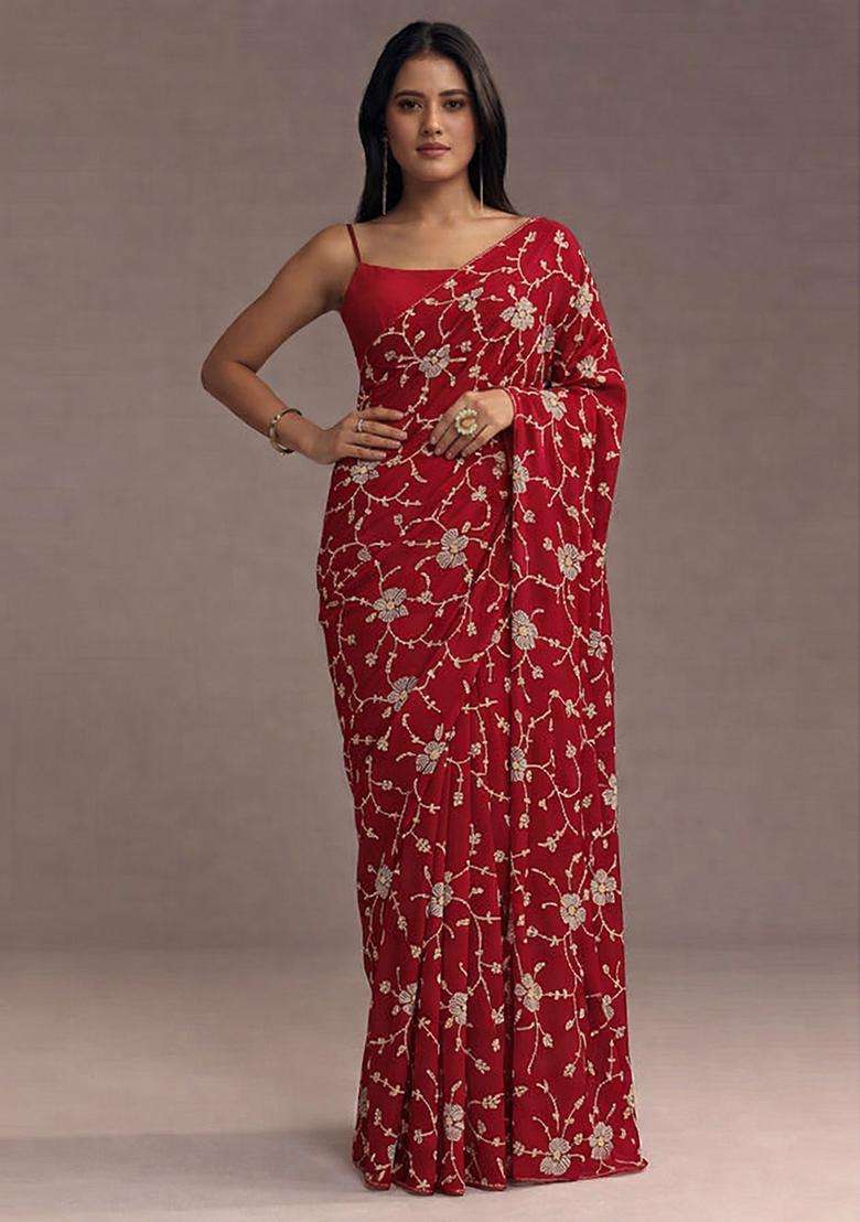 Red Embroidery Silk Pre-Stitched Set - Indya