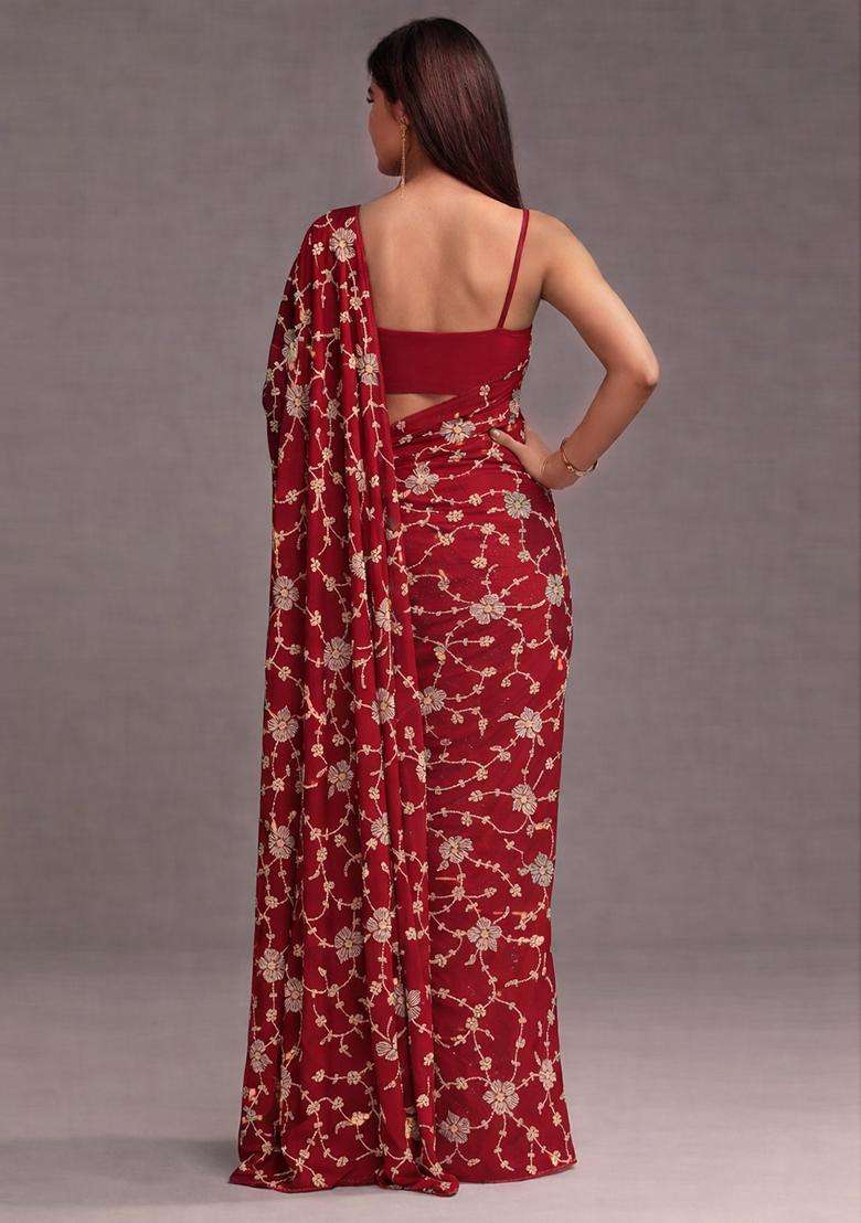 Red Embroidery Silk Pre-Stitched Set - Indya