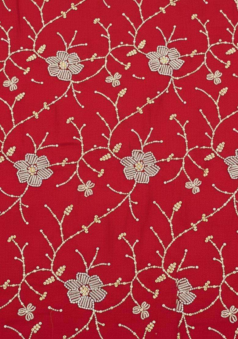 Red Embroidery Silk Pre-Stitched Set - Indya