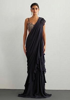 Black Chiffon Handwork Pre Draped Saree Set