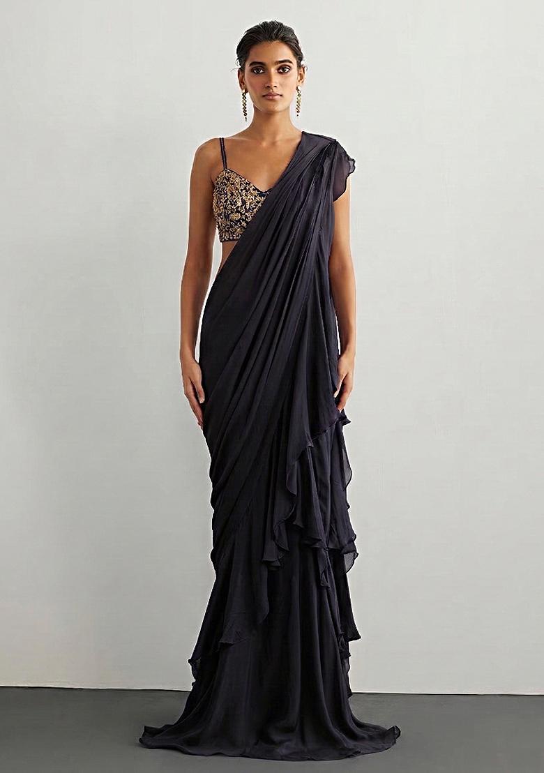 Black Chiffon Handwork Pre Draped Saree Set - Indya