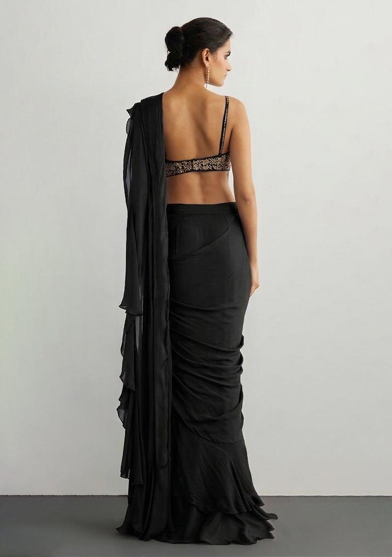 Black Chiffon Handwork Pre Draped Saree Set - Indya