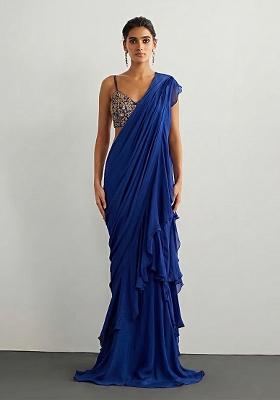 Royal Blue Chiffon Handwork Pre Draped Saree Set