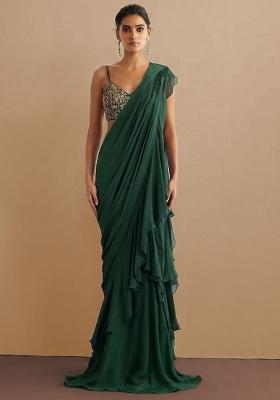Olive Green Chiffon Handwork Pre Draped Saree Set