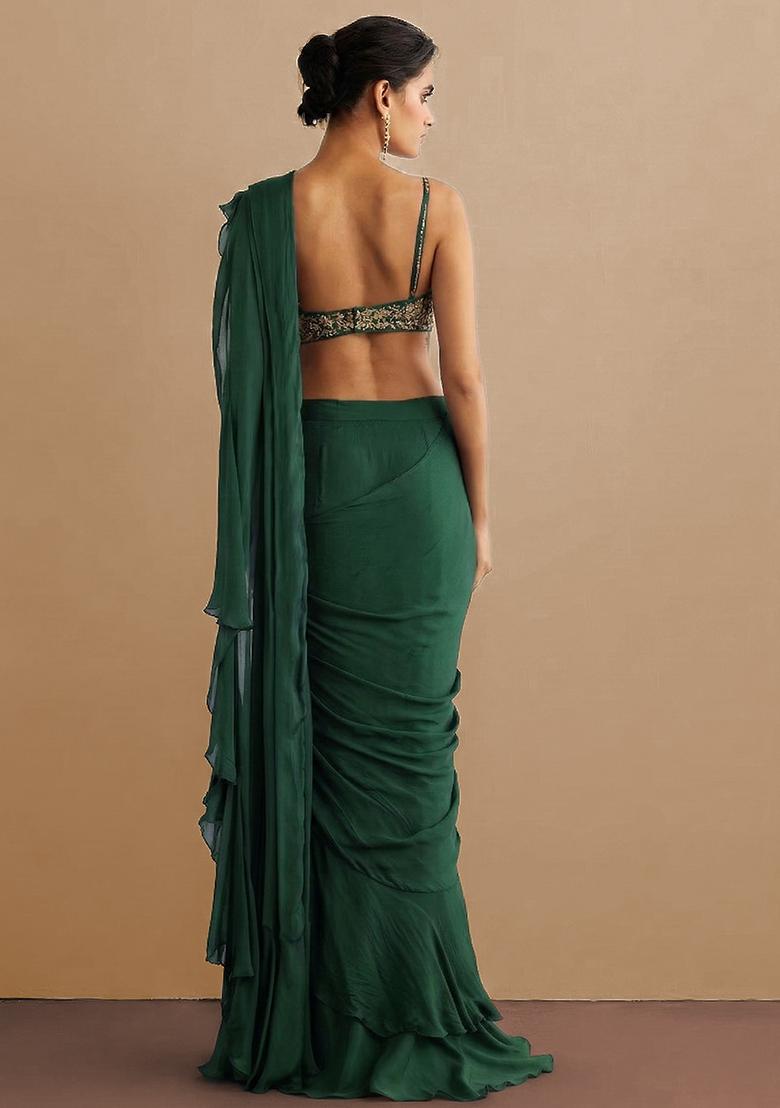 Olive Green Chiffon Handwork Pre Draped Saree Set - Indya