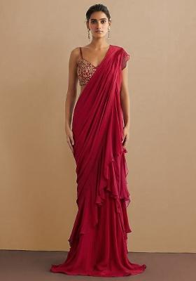 Rani Pink Chiffon Handwork Pre Draped Saree Set