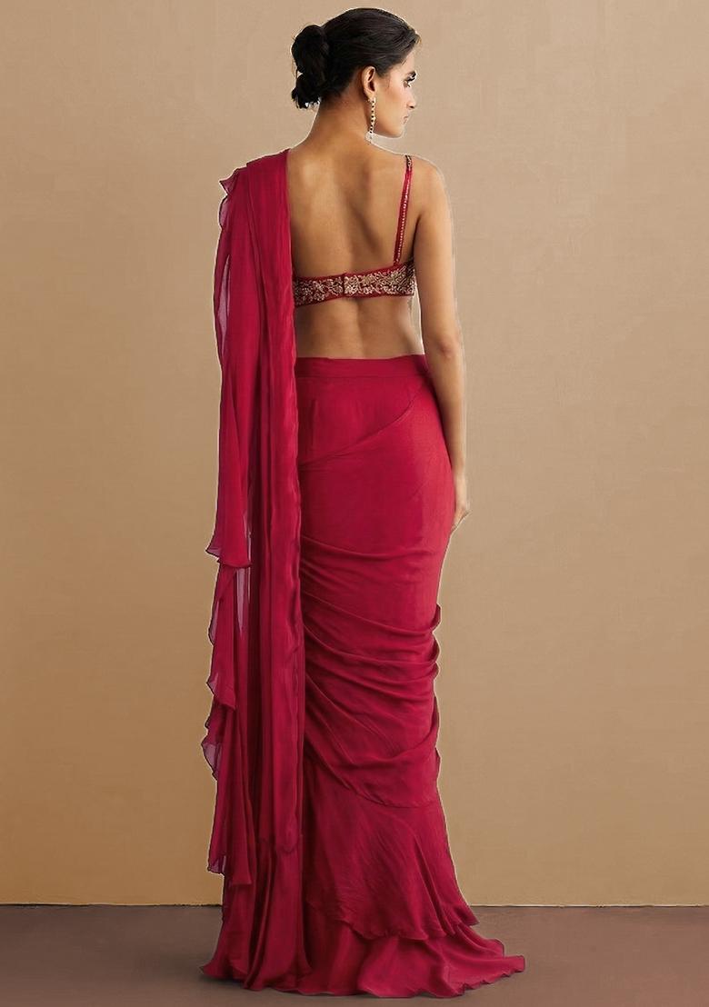 Rani Pink Chiffon Handwork Pre Draped Saree Set - Indya