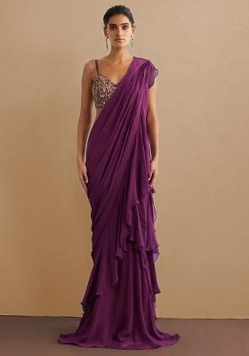 Purple Chiffon Handwork Pre Draped Saree Set