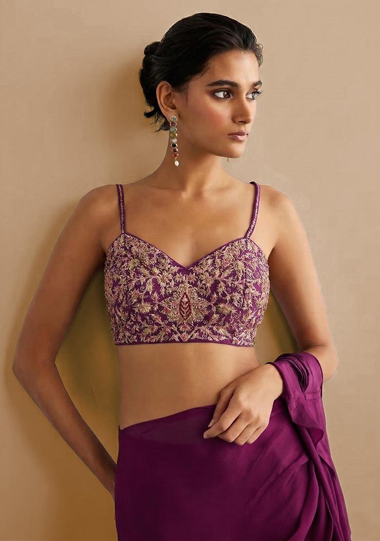 Purple Chiffon Handwork Pre Draped Saree Set - Indya