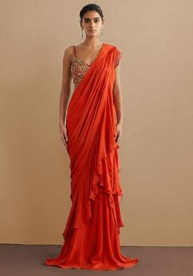 Orange Chiffon Handwork Pre Draped Saree Set