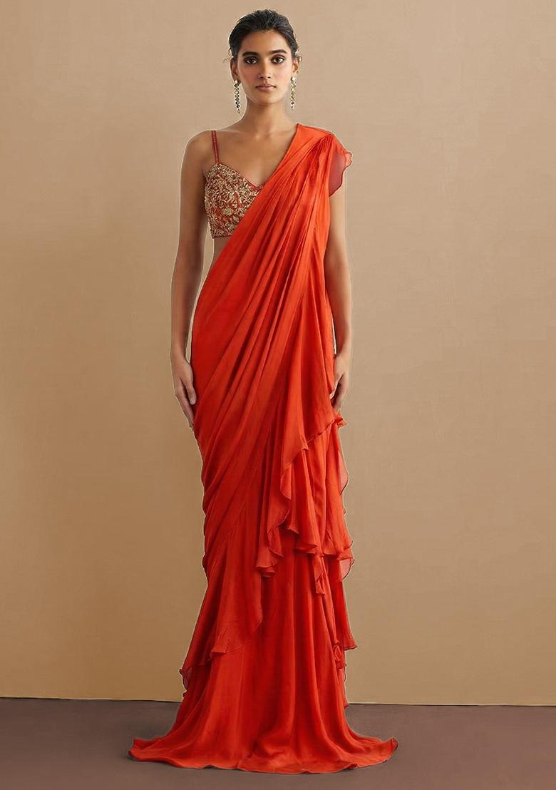 Orange Chiffon Handwork Pre Draped Saree Set - Indya