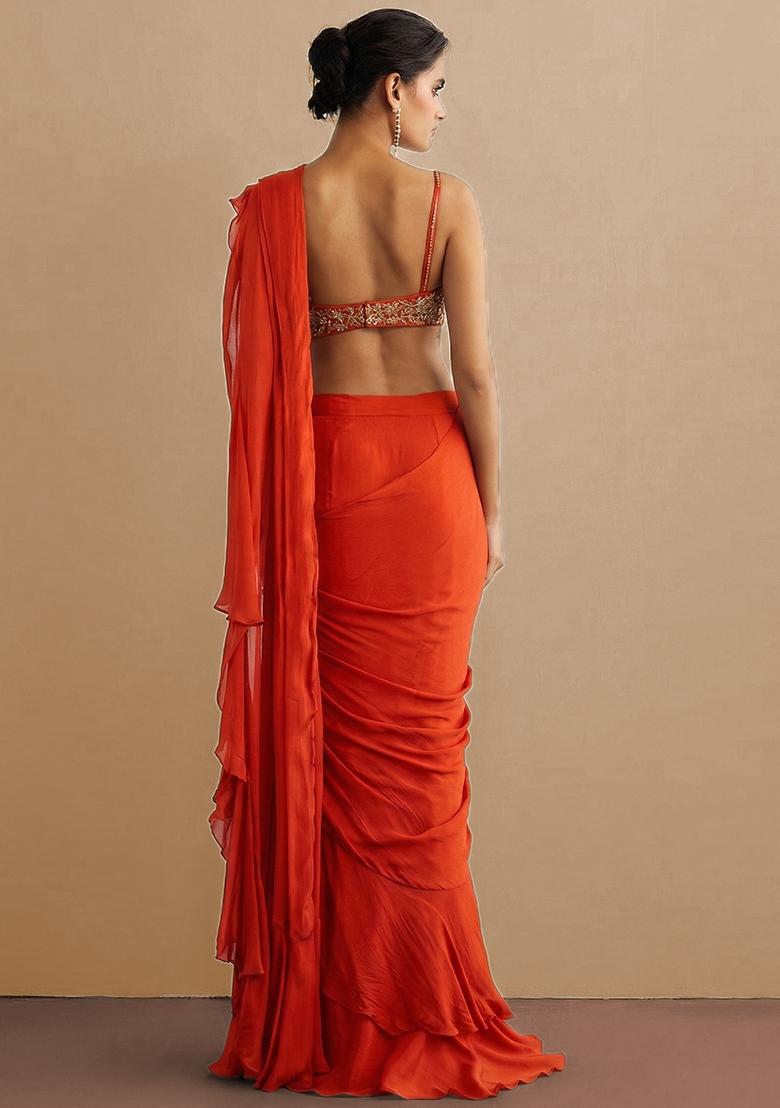 Orange Chiffon Handwork Pre Draped Saree Set - Indya