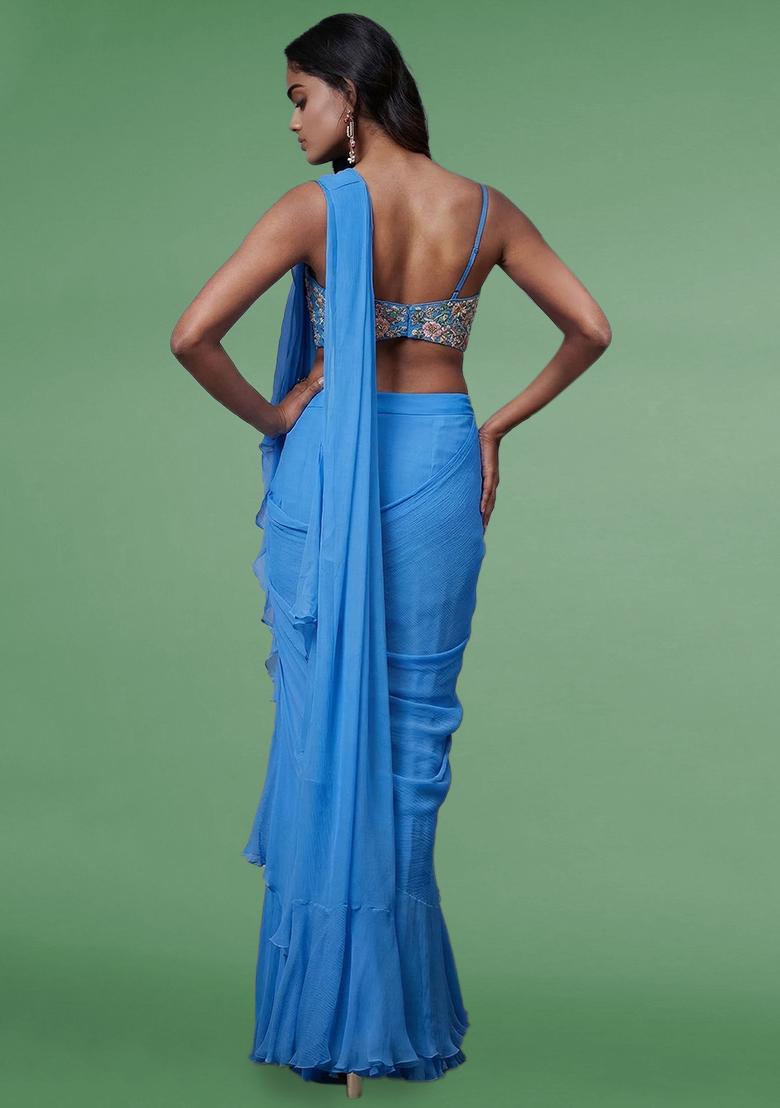 Sky Blue Chiffon Handwork Pre Draped Saree Set - Indya