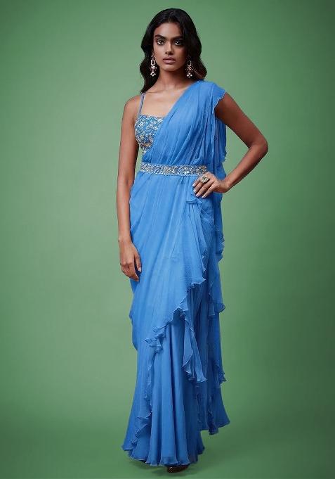 Sky Blue Chiffon Handwork Pre Draped Saree Set