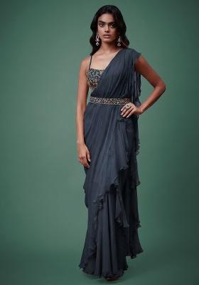 Grey Chiffon Handwork Pre Draped Saree Set