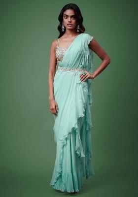 Mint Green Chiffon Handwork Pre Draped Saree Set