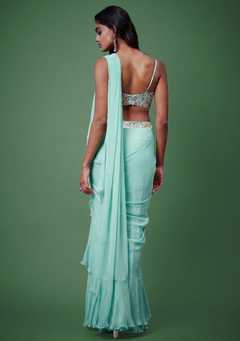 Mint Green Chiffon Handwork Pre Draped Saree Set - Indya