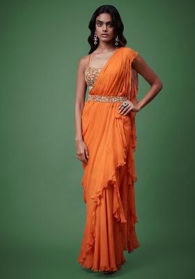 Orange Chiffon Handwork Pre Draped Saree Set