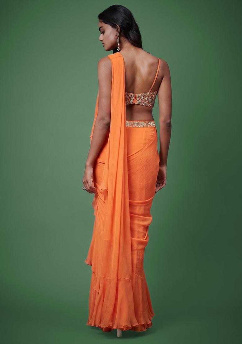 Orange Chiffon Handwork Pre Draped Saree Set - Indya