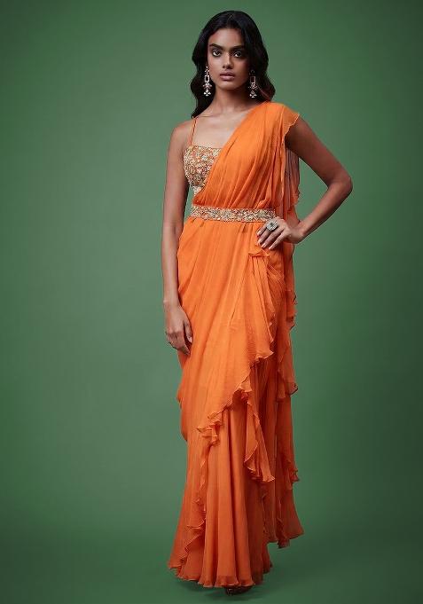 Orange Chiffon Handwork Pre Draped Saree Set — view on Indya