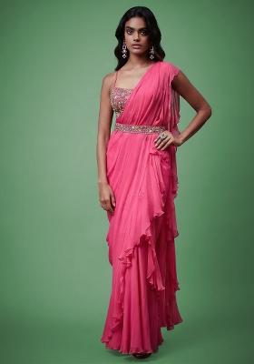 Pink Chiffon Handwork Pre Draped Saree Set