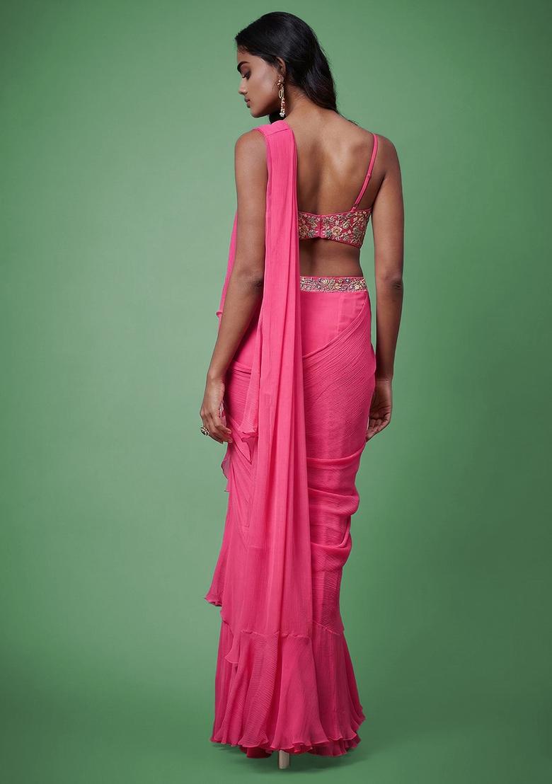 Pink Chiffon Handwork Pre Draped Saree Set - Indya