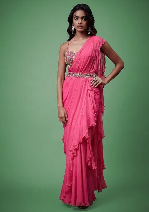 Pink Chiffon Handwork Pre Draped Saree Set
