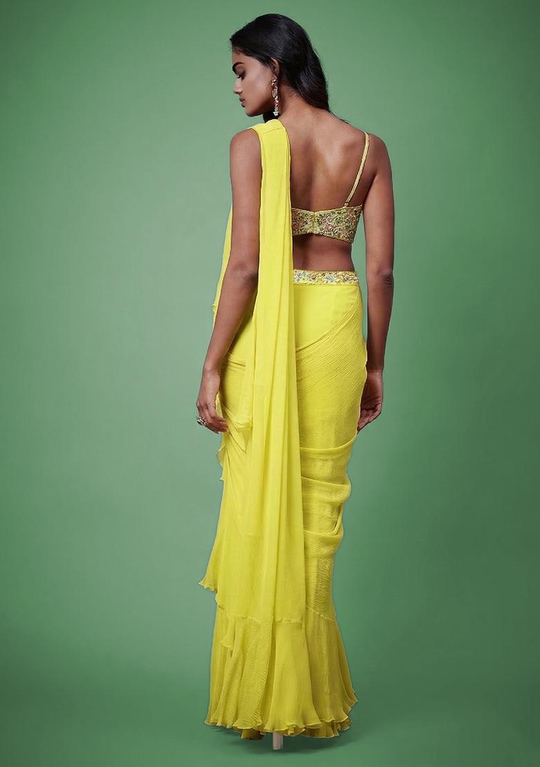 Lemon Yellow Chiffon Handwork Pre Draped Saree Set - Indya
