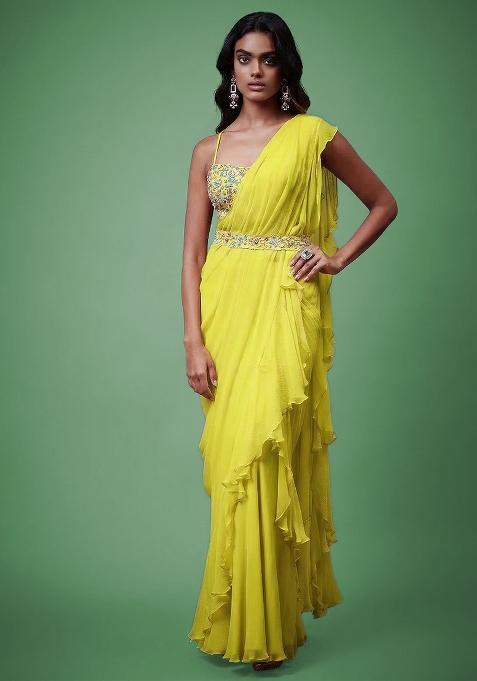 Lemon Yellow Chiffon Handwork Pre Draped Saree Set — view on Indya