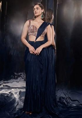 Navy Blue Crepe Handwork Pre Draped Saree Set