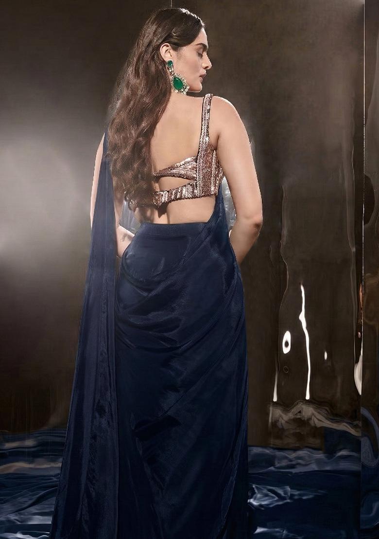 Navy Blue Crepe Handwork Pre Draped Saree Set - Indya