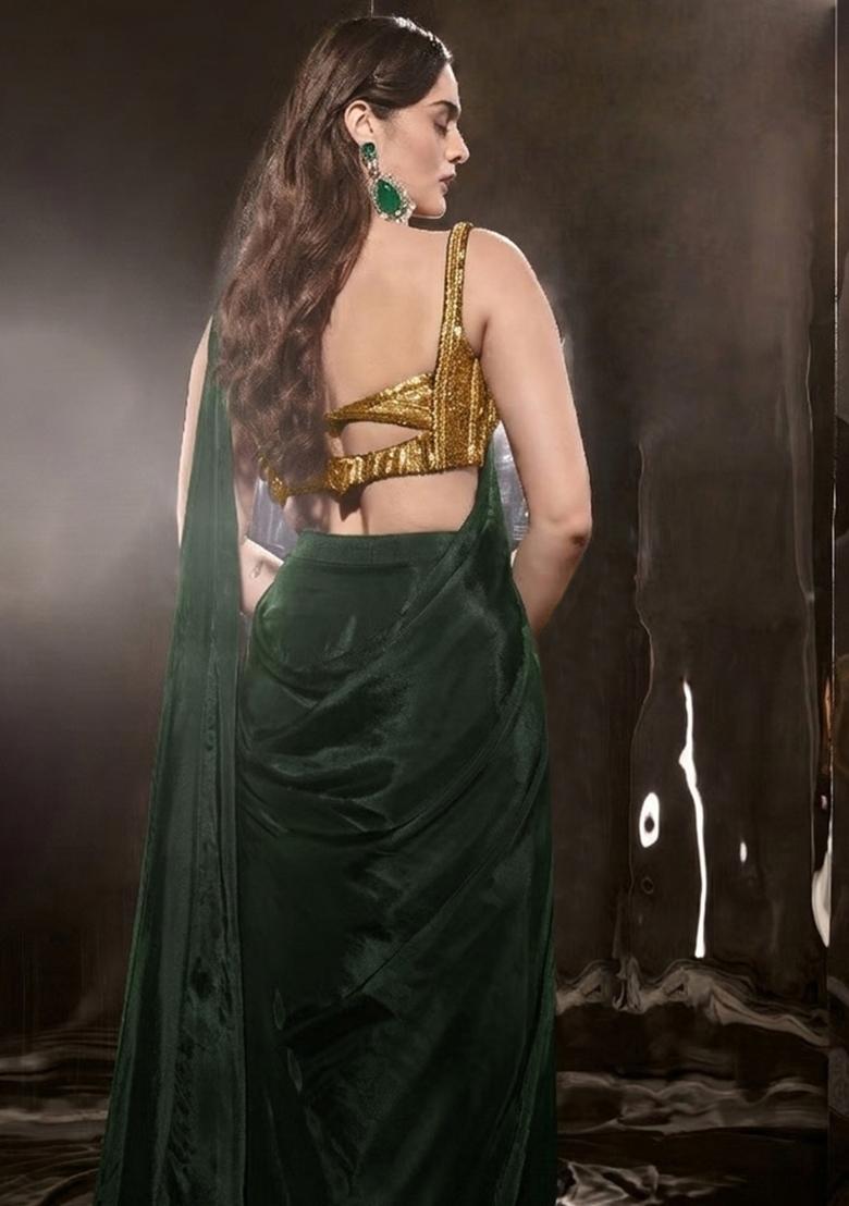 Forest Green Crepe Handwork Pre Draped Saree Set - Indya