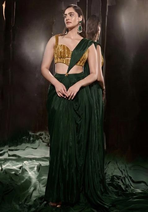 Forest Green Crepe Handwork Pre Draped Saree Set