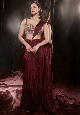 Dark Forest Green Crepe Handwork Pre Draped Saree Set