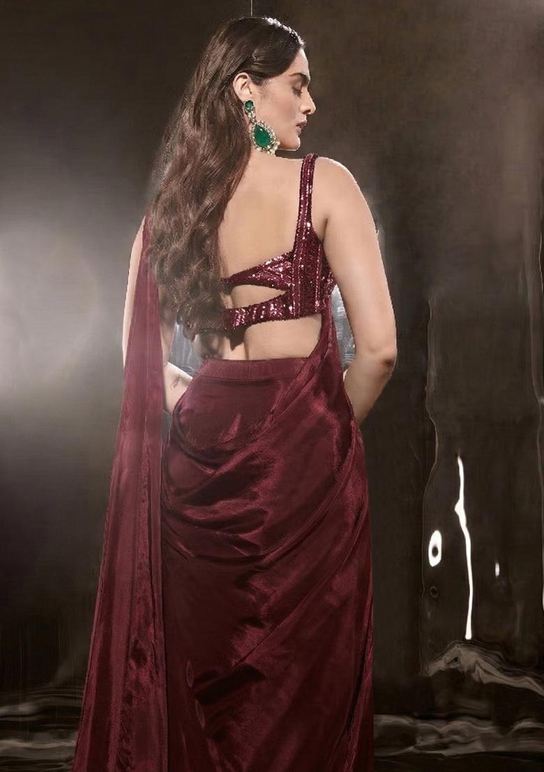 Dark Forest Green Crepe Handwork Pre Draped Saree Set - Indya