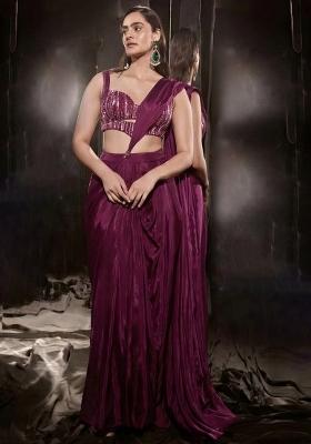 Wine Crepe Handwork Pre Draped Saree Set