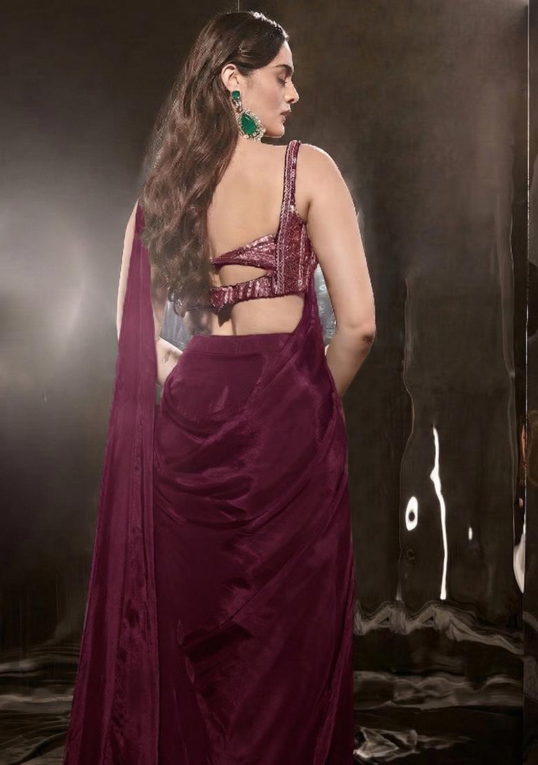 Wine Crepe Handwork Pre Draped Saree Set - Indya