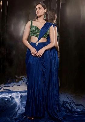 Royal Blue Crepe Handwork Pre Draped Saree Set